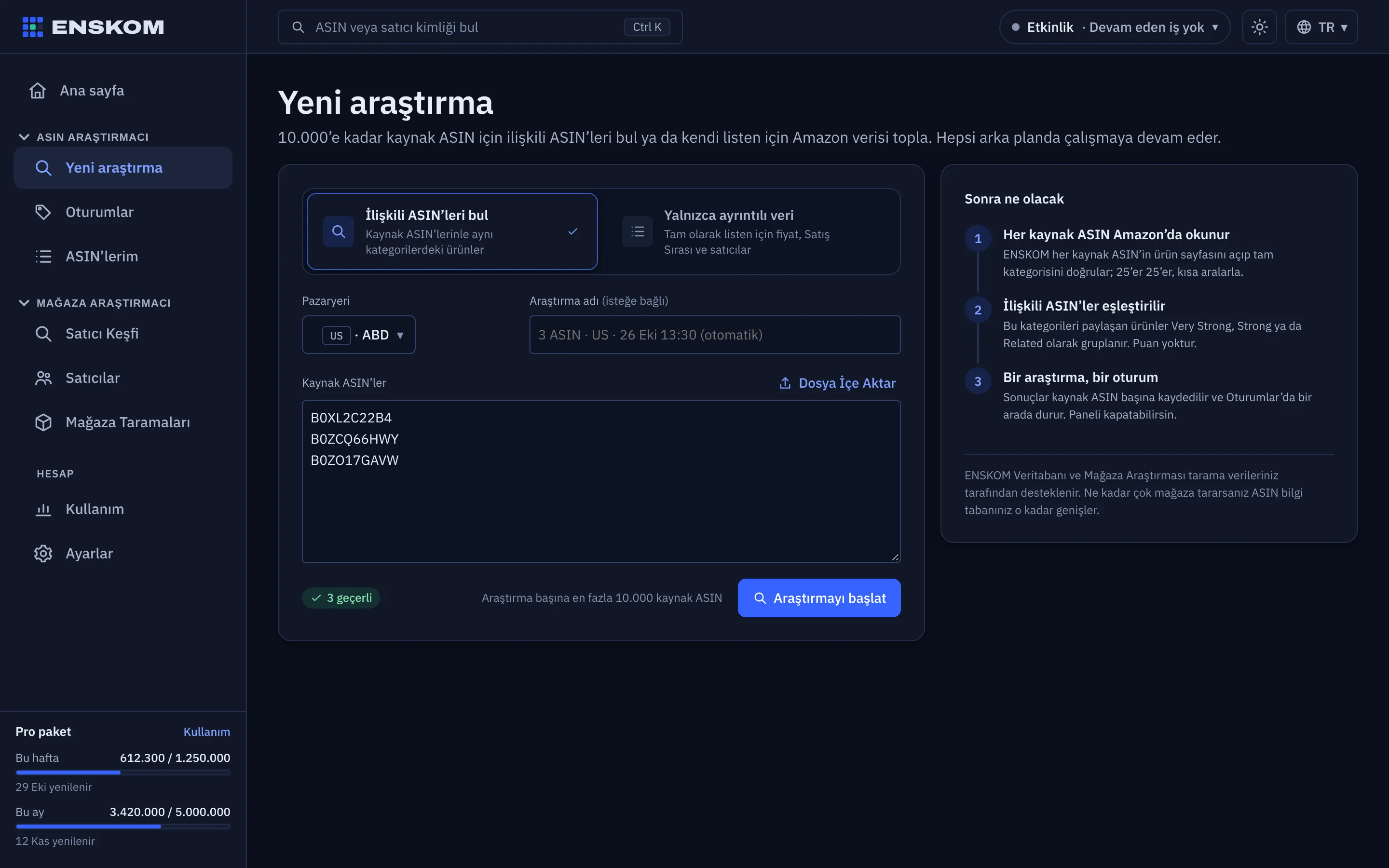 Yeni araştırma ekranı
