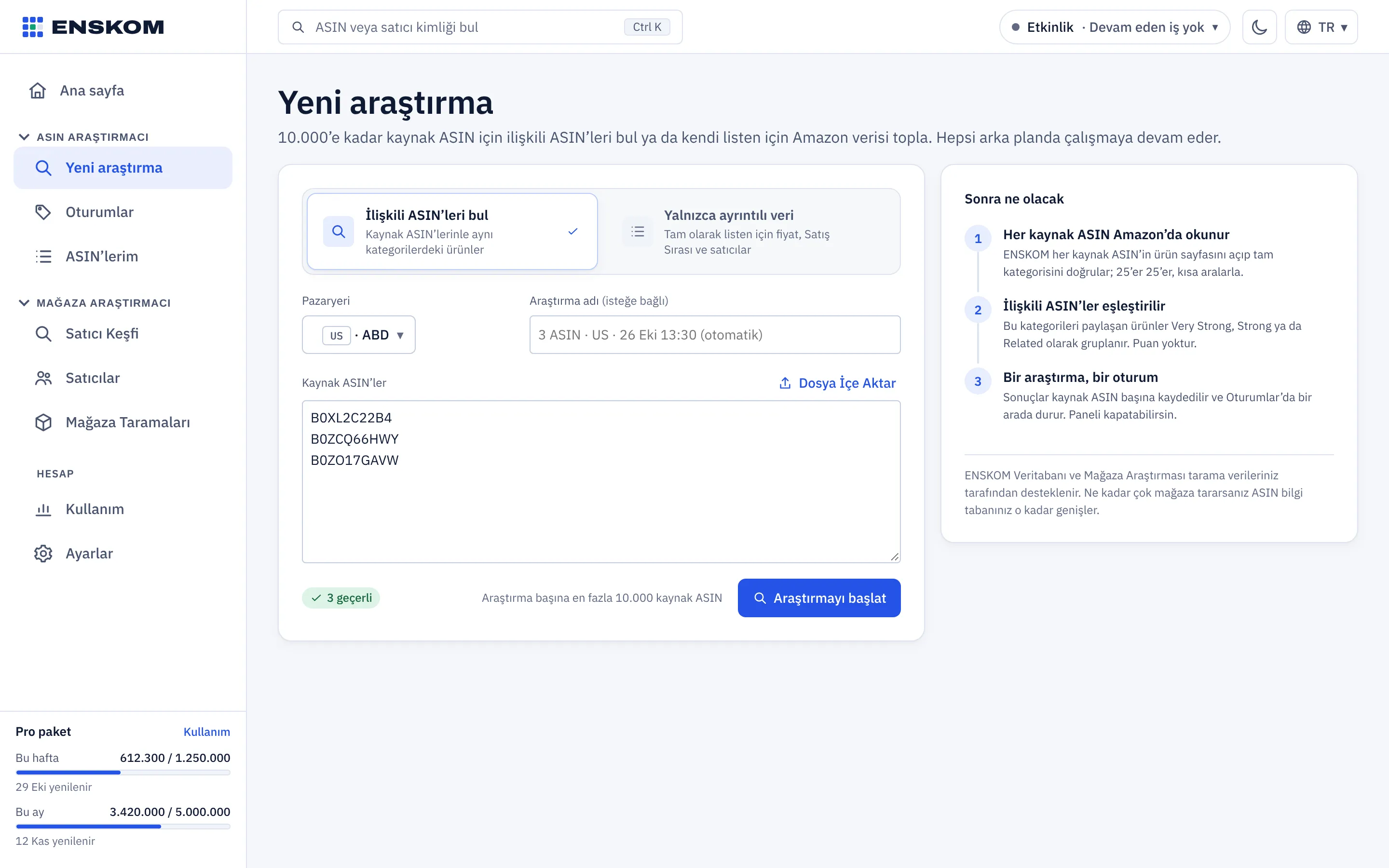 Yeni araştırma ekranı