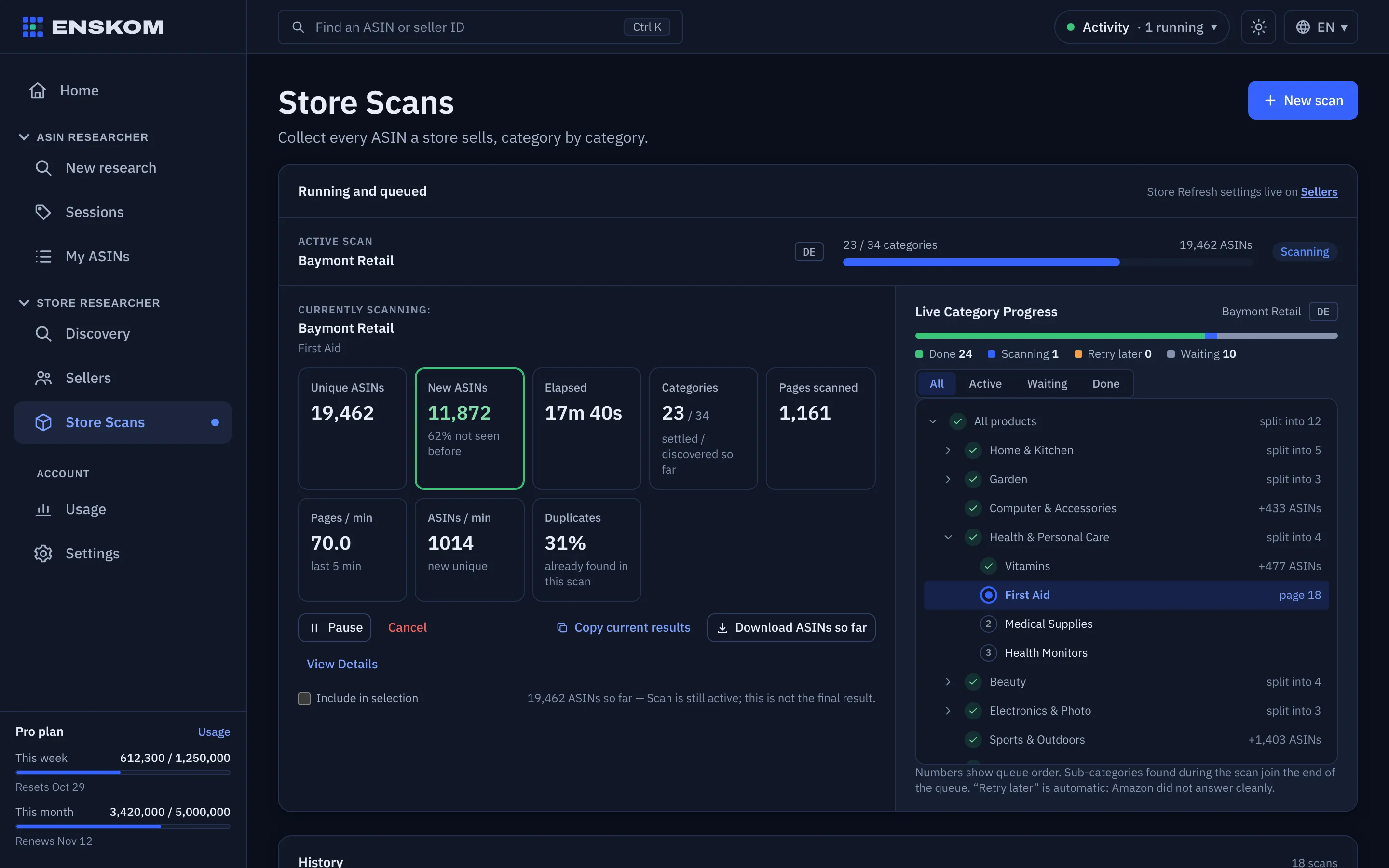 A Store Scan running with its live panel and category tree