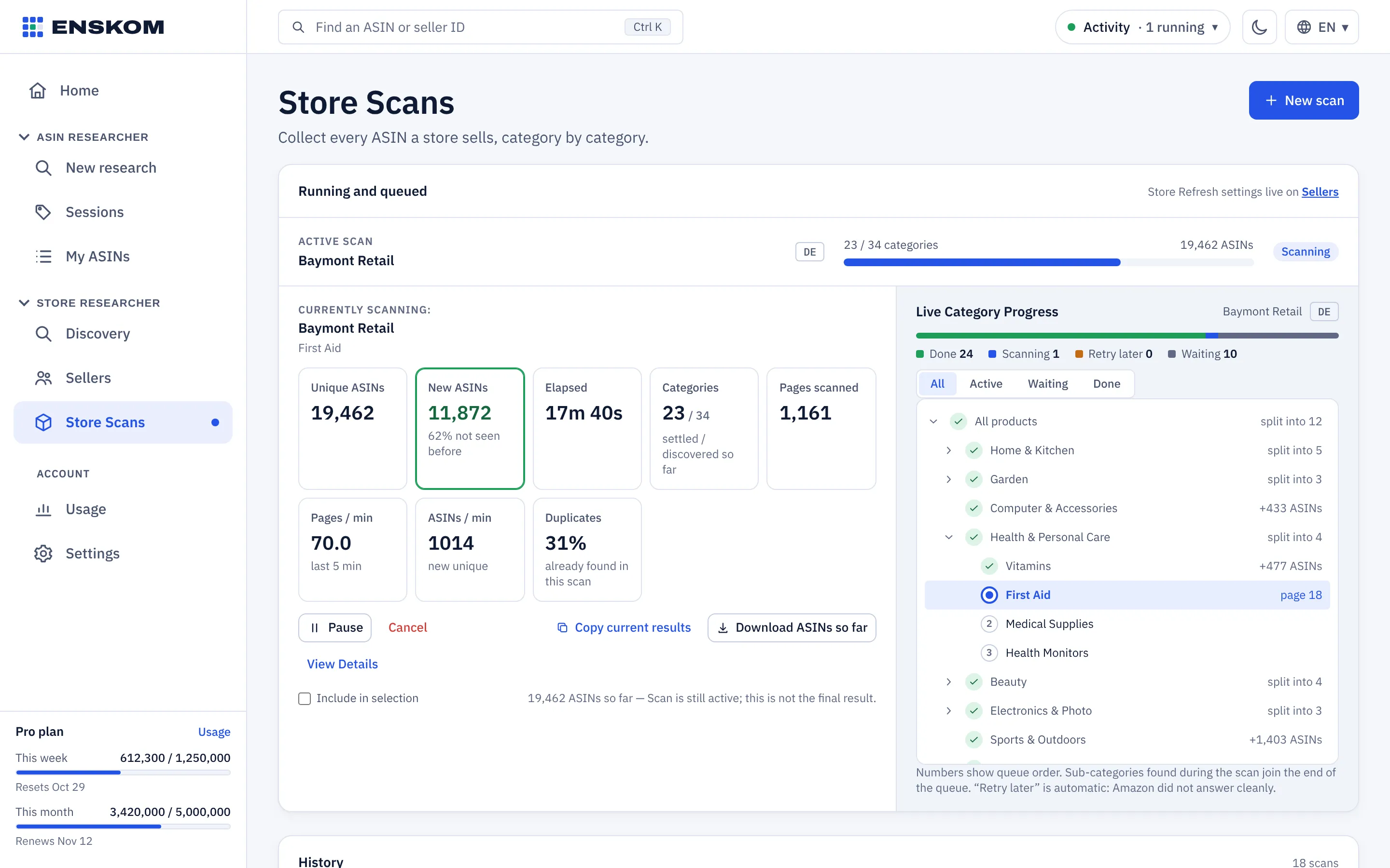 A Store Scan running with its live panel and category tree